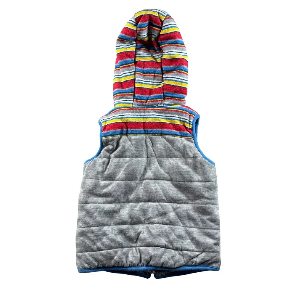 VTG Disney Puffer Vest Kids 3 Grey Mickey Mouse Striped Hooded Quilted Zip Up